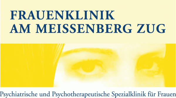 Frauenklinik am Meissenberg Zug Logo in blau und gelb mit Schrift und Bild. Bildunterschrift: Psychiatrische und Psychotherapeutische Spezialklinik für Frauen.